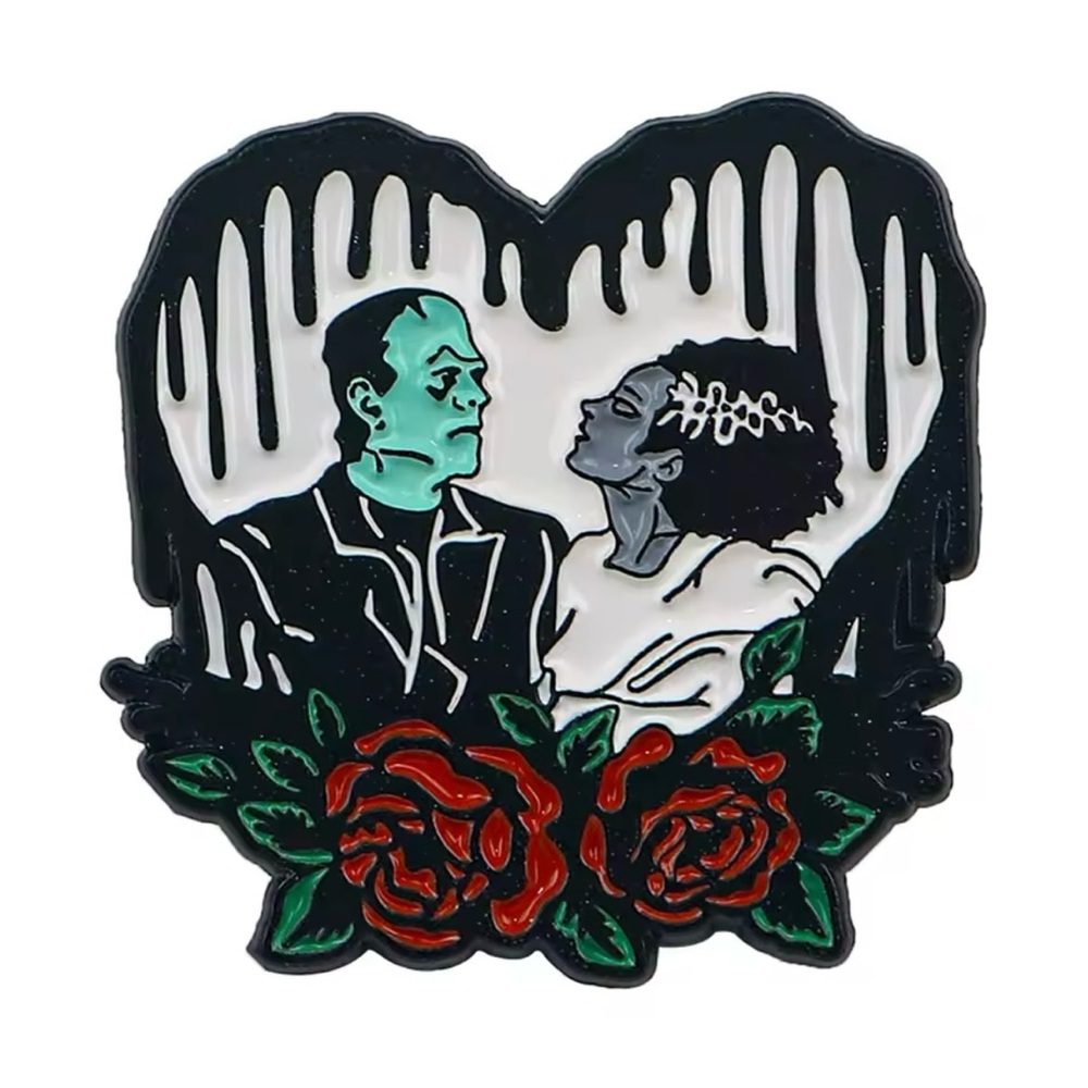 Frankenstein and Bride of Frankenstein Enamel Pin - Romantic Horror Design